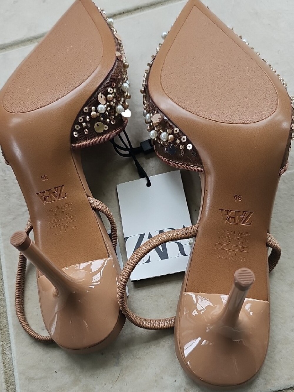 Zara Brown Embellished Pointed Slingback Heels - Picture 4 of 9